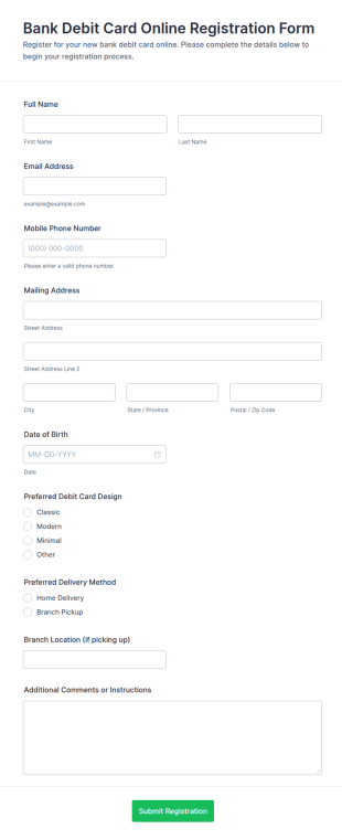 Bank Debit Card Online Registration Form Template