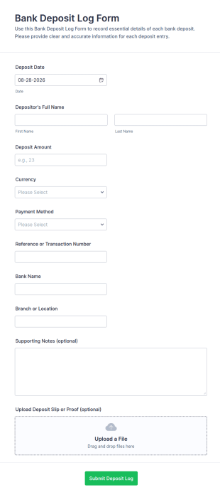 Bank Deposit Log Form Template