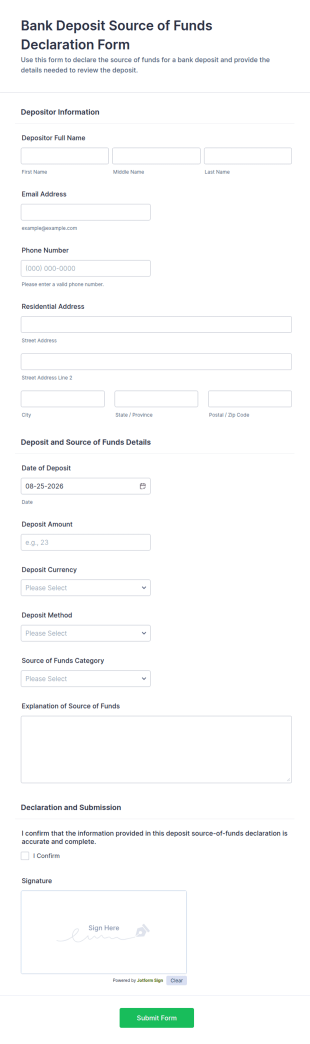 Bank Deposit Source Of Funds Declaration Form Template