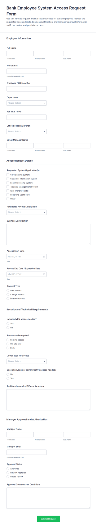 Bank Employee System Access Request Form Template