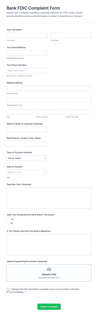 Bank FDIC Complaint Form Template