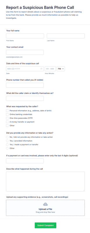 Suspicious Bank Phone Call Report Form Template
