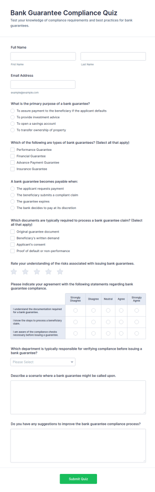Bank Guarantee Compliance Quiz Form Template