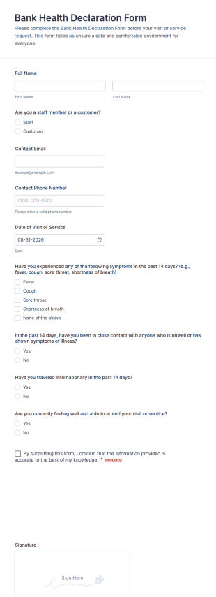 Bank Health Declaration Form Template