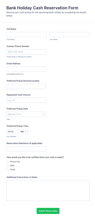 Bank Holiday Cash Reservation Form Template