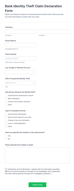 Bank Identity Theft Claim Declaration Form Template