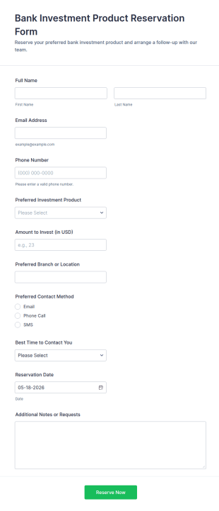 Bank Investment Product Reservation Form Template
