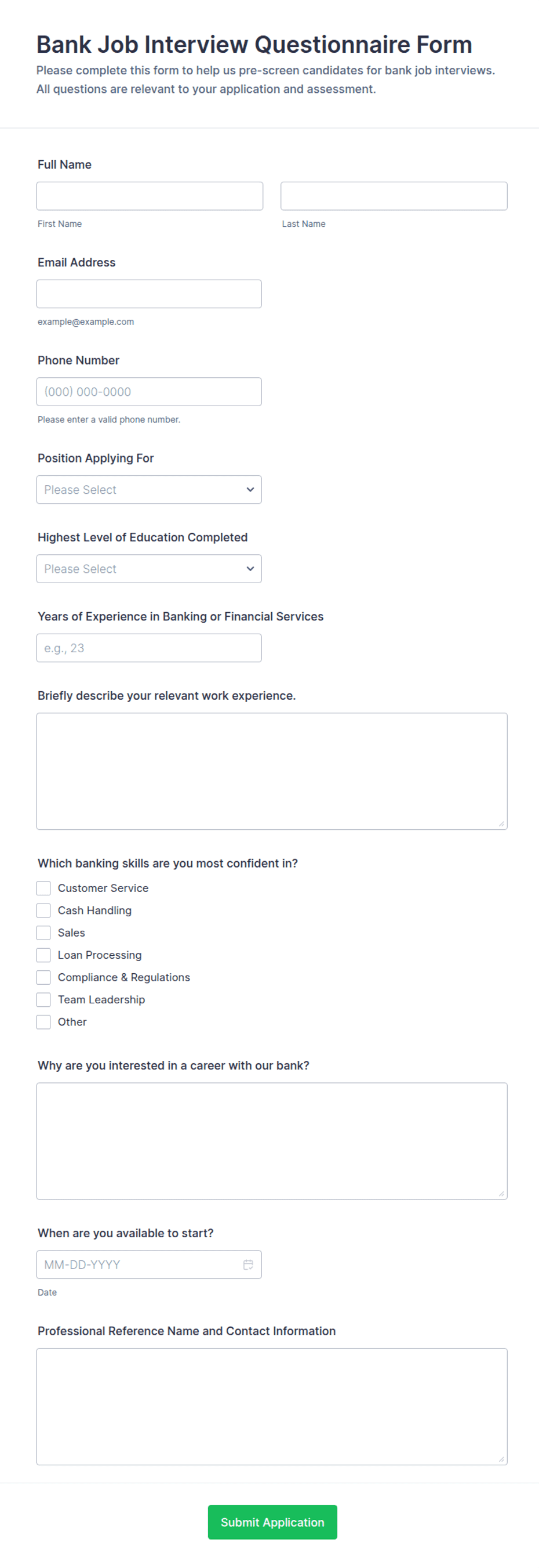 Bank Job Interview Questionnaire Form Template | Jotform