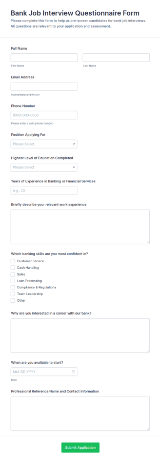 Bank Job Interview Questionnaire Form Template