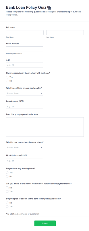 Bank Loan Policy Quiz 🏦 Form Template