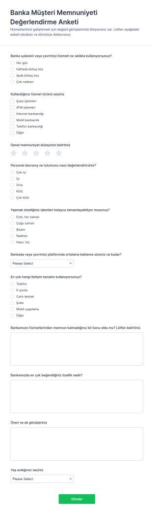 Bank Müşteri Değerlendirme Anketi Form Şablonu