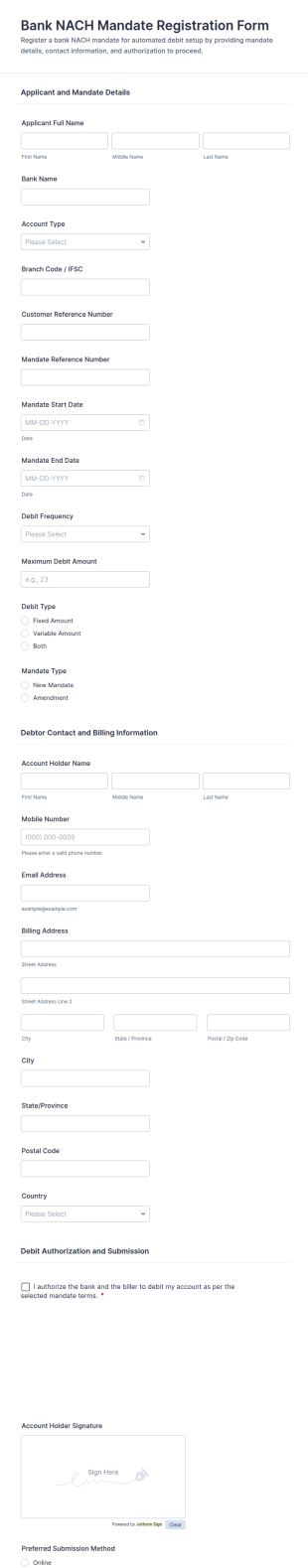 Bank NACH Mandate Registration Form Template