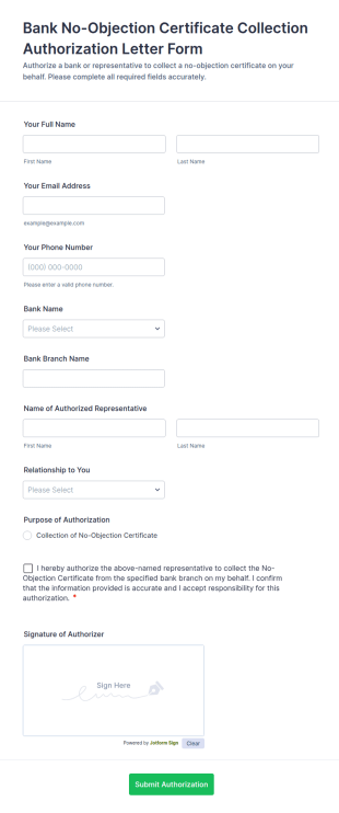 Bank No Objection Certificate Collection Authorization Form Template