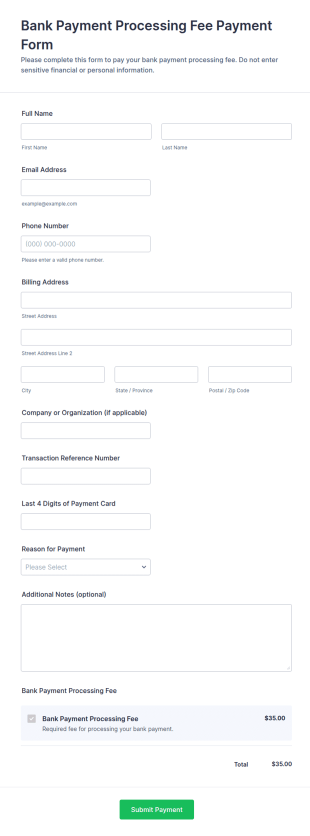 Bank Payment Processing Fee Payment Form Template