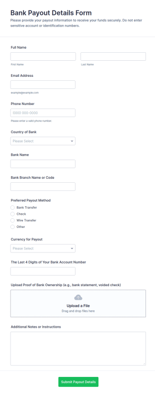 Bank Payout Details Form Template