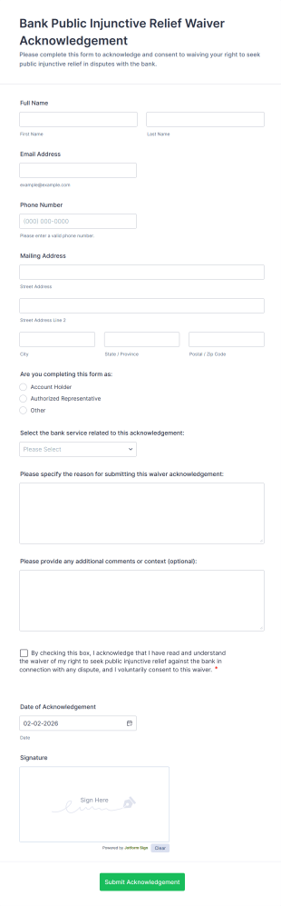 Bank Public Injunctive Relief Waiver Acknowledgement Form Template
