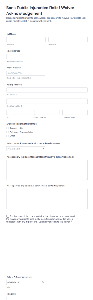Bank Public Injunctive Relief Waiver Acknowledgement Form Template