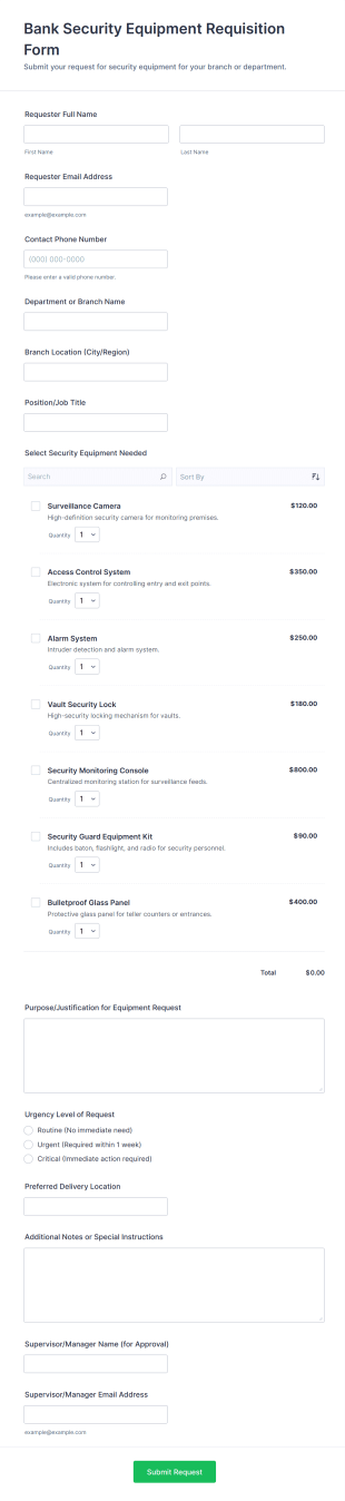 Bank Security Equipment Requisition Form Template