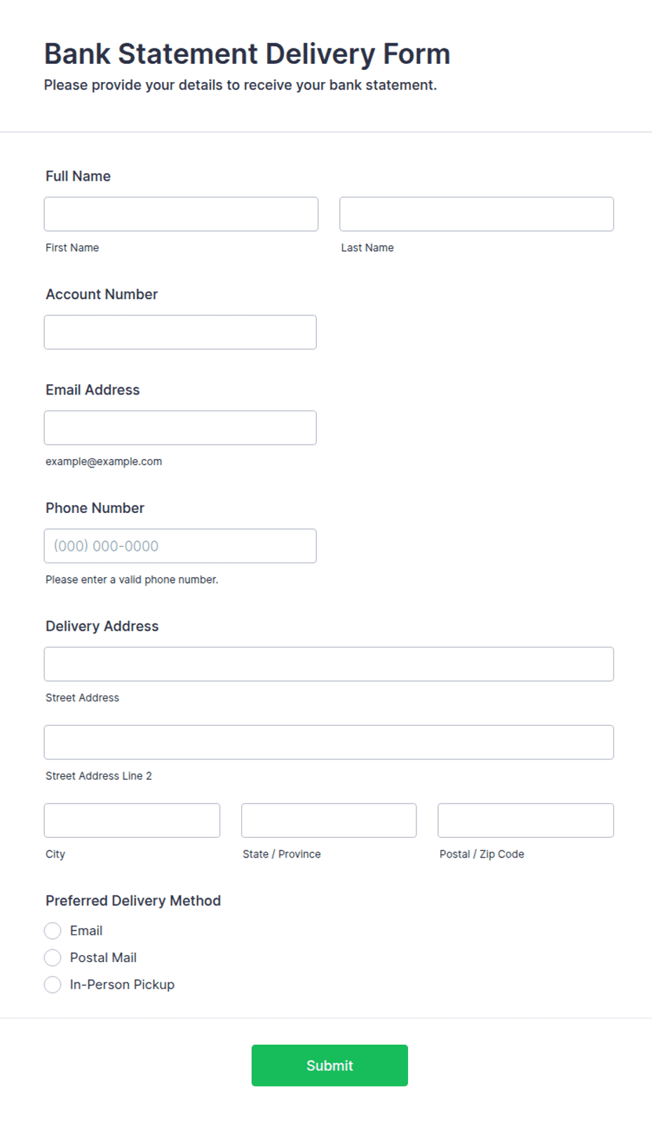 Bank Statement Delivery Form Template | Jotform