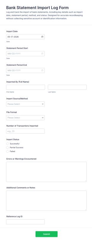 Bank Statement Import Log Form Template