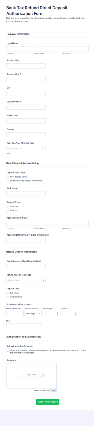 Bank Tax Refund Direct Deposit Authorization Form Template