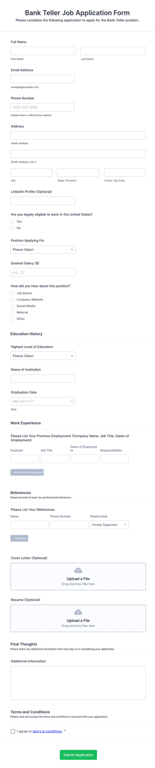 Bank Teller Job Application Form Template