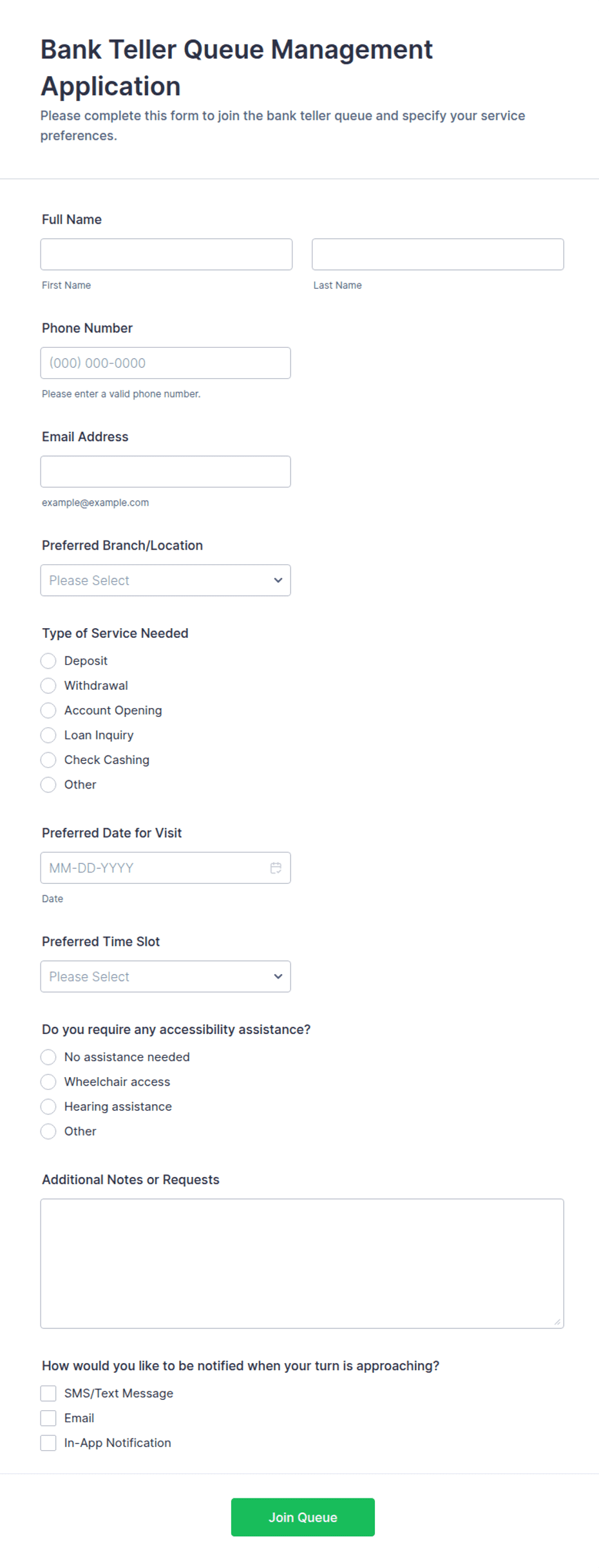 Bank Teller Queue Management Application Form Template | Jotform