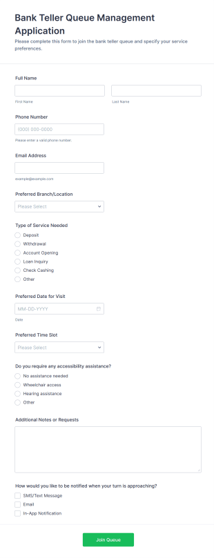 Bank Teller Queue Management Application Form Template