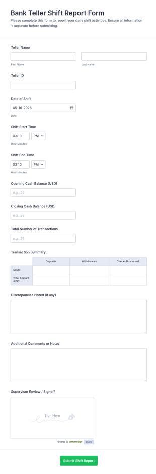 Bank Teller Shift Report Form Template
