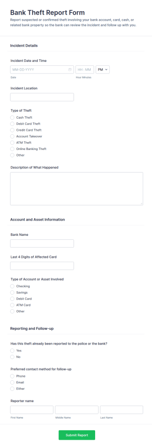 Bank Theft Report Form Template