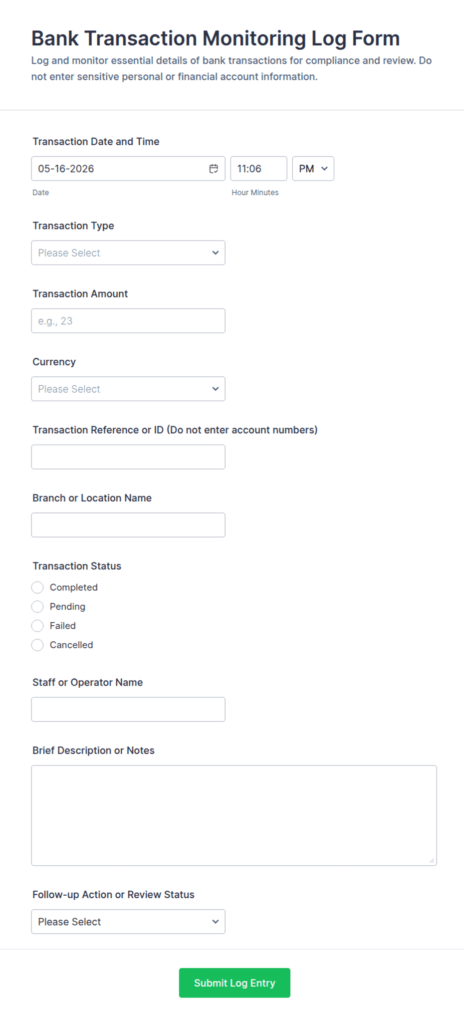 Bank Transaction Monitoring Log Form Template | Jotform