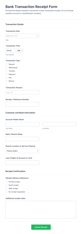 Bank Transaction Receipt Form Template