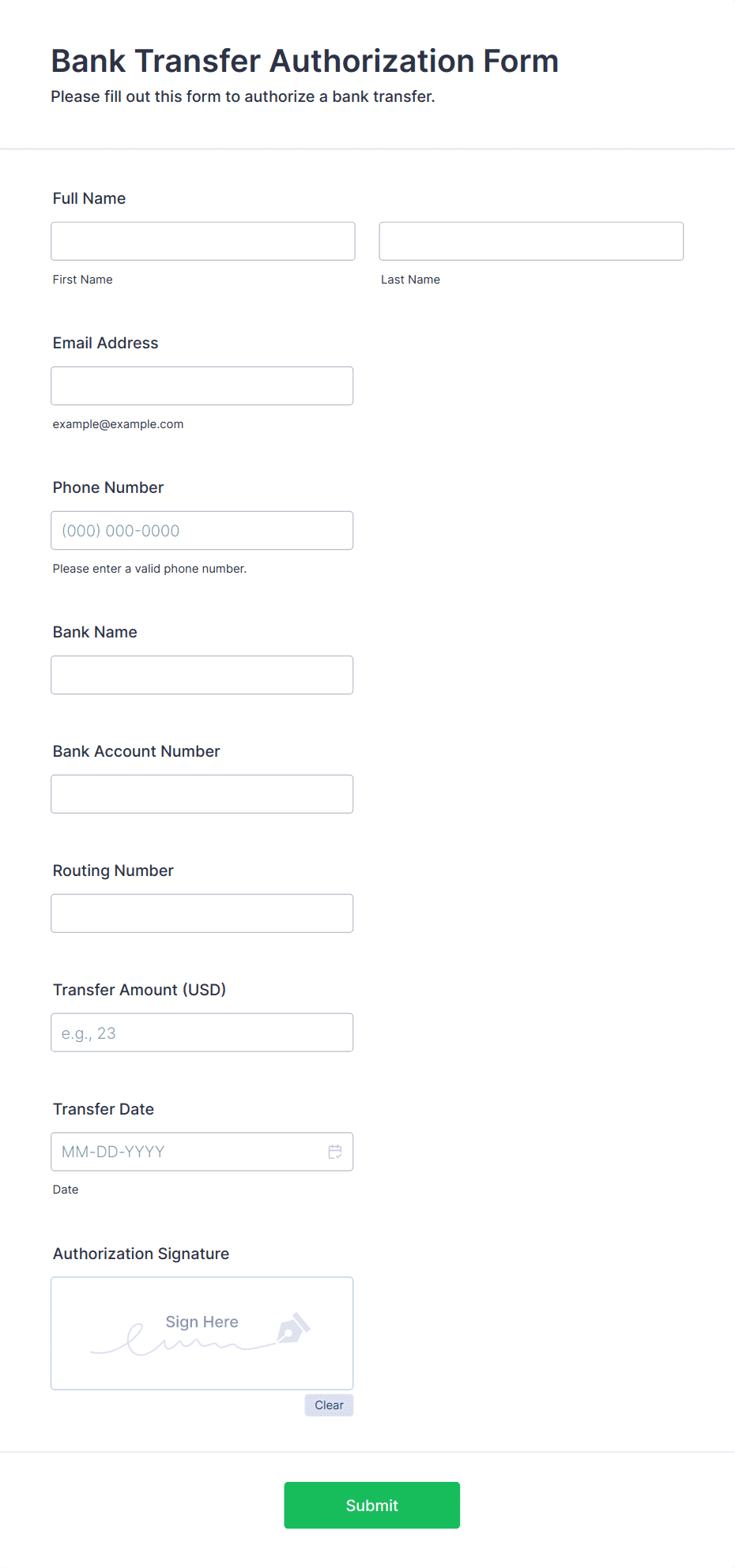 Bank Transfer Authorization Form Template | Jotform