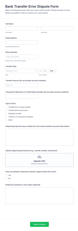 Bank Transfer Error Dispute Form Template