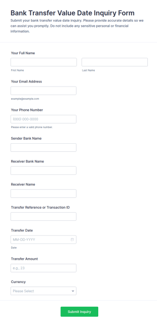 Bank Transfer Value Date Inquiry Form Template