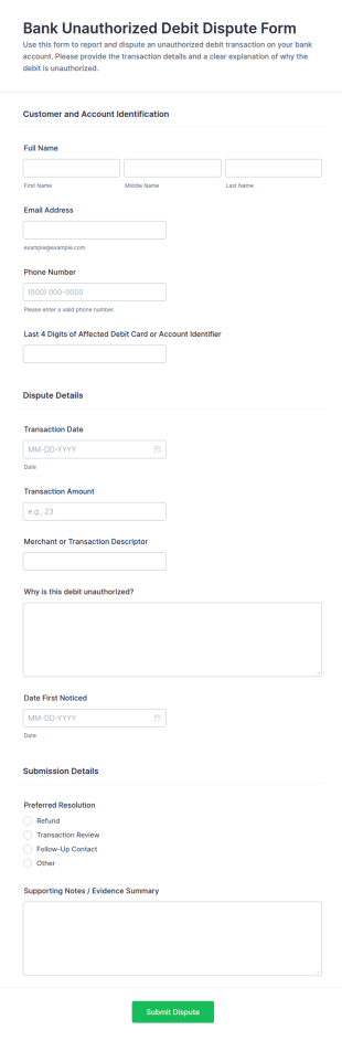 Bank Unauthorized Debit Dispute Form Template