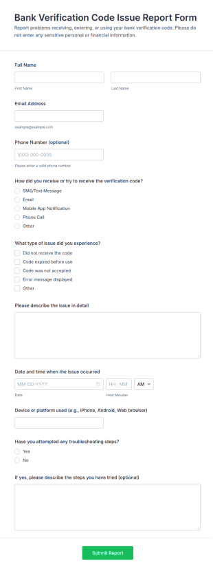 Bank Verification Code Issue Report Form Template