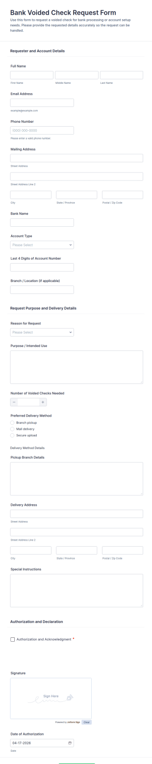 Bank Voided Check Request Form Template