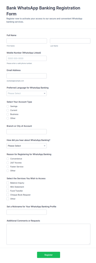 Bank WhatsApp Banking Registration Form Template