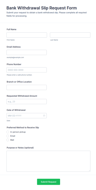 Bank Withdrawal Slip Request Form Template