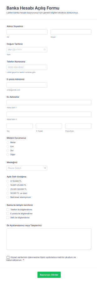 Banka Hesabı Açılış Form Şablonu
