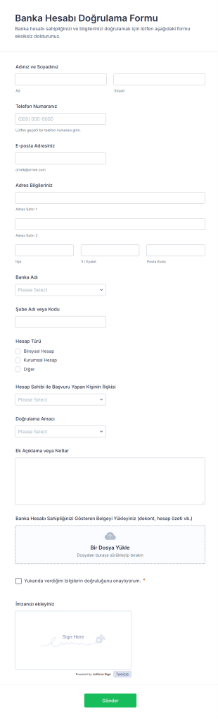 Banka Hesabı Doğrulama Form Şablonu