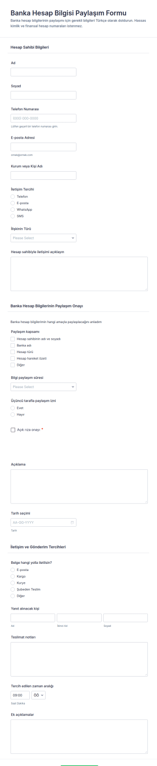 Banka Hesap Bilgileri Paylaşım Form Şablonu