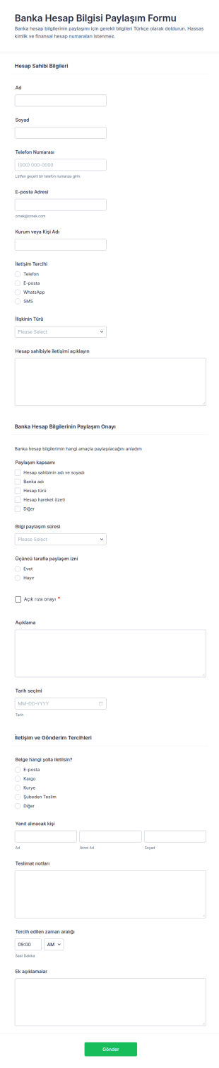Banka Hesap Bilgileri Paylaşım Form Şablonu