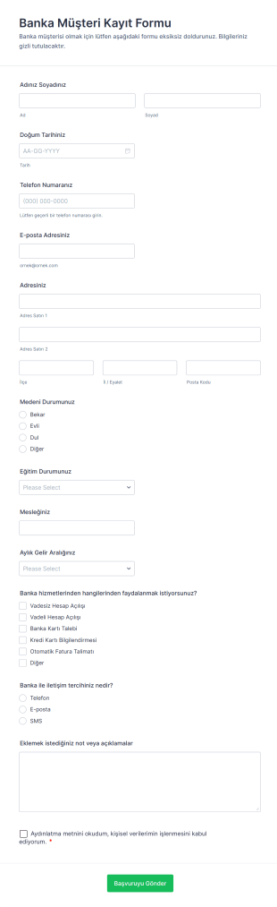 Banka Müşteri Kayıt Form Şablonu