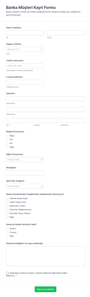 Banka Müşteri Kayıt Form Şablonu