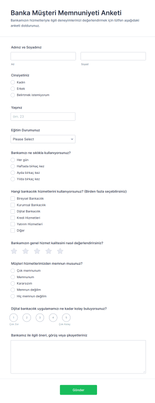 Banka Müşteri Memnuniyeti Anketi Form Şablonu