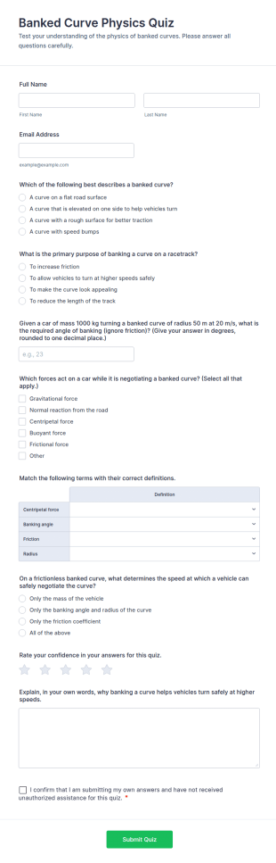 Banked Curve Physics Quiz Form Template