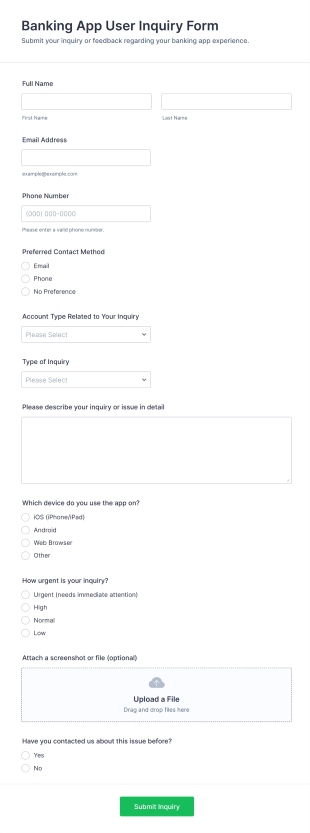 Banking App User Inquiry Form Template
