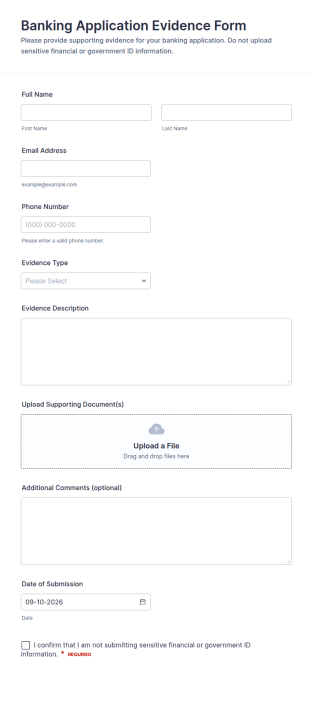 Banking Application Evidence Form Template